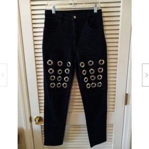 Vintage Fredericks Of Hollywood Black Denim Jeans Sz 11/12 Grommets Stretch USA